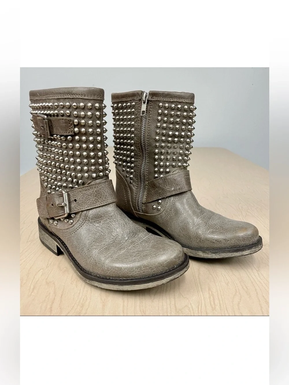 Steve Madden Boots Girls 6 Monicaa Leather Studded Stone Taupe Motorcycle Biker